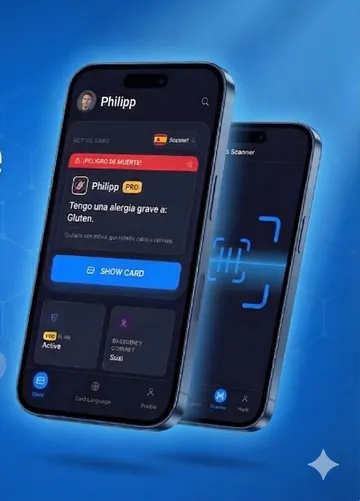 Restoran garsonuna gösterilen, alerjileri yabancı bir dilde listeleyen TrustBite alerji kartı