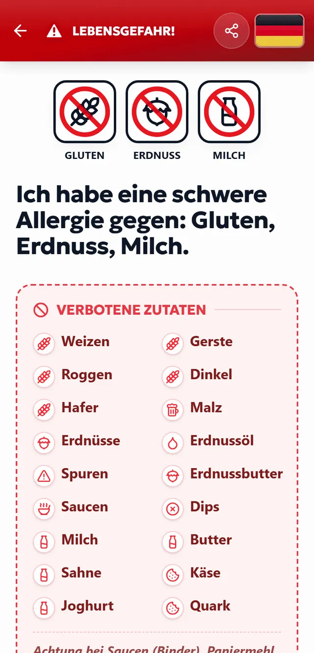 Vorschau der druckbaren Allergiekarte – TrustBite