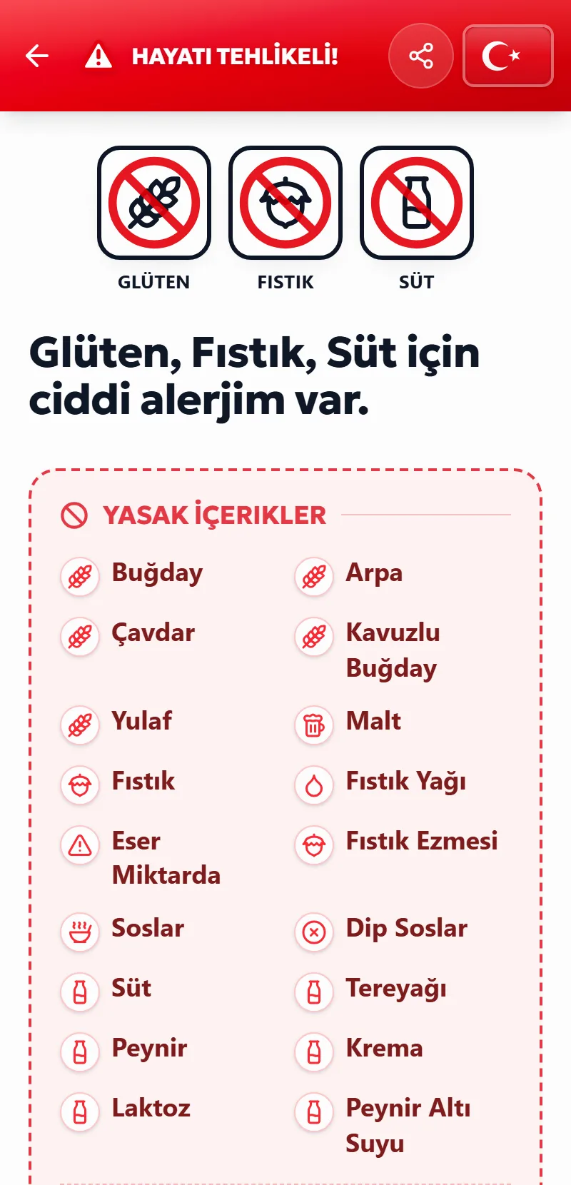 Yazdırılabilir alerji kartı önizlemesi – TrustBite