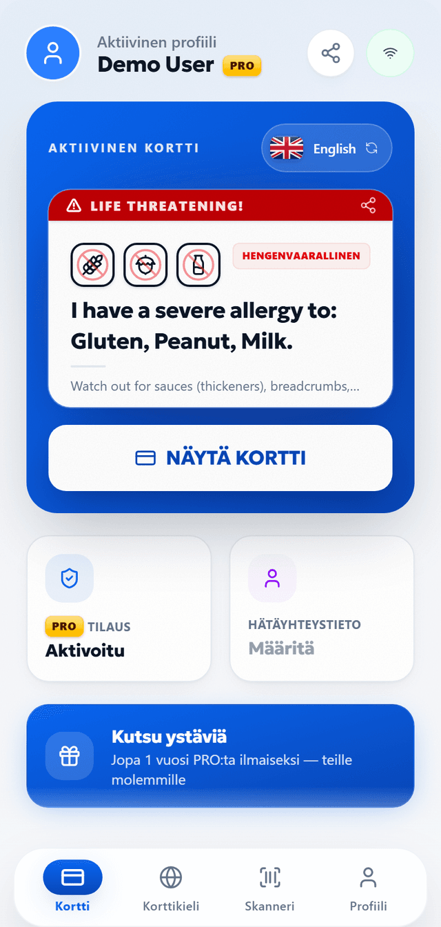 Näytä allergiasi. Millä kielellä tahansa.
